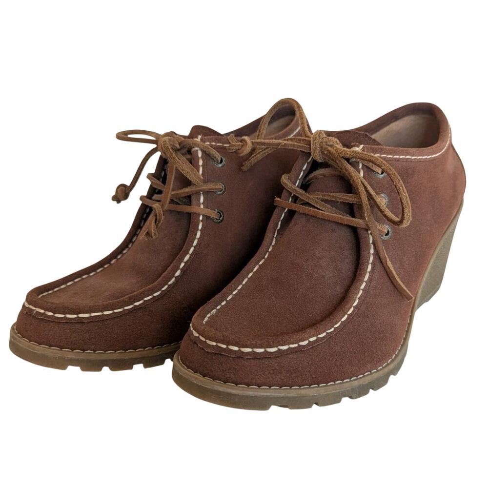 SPERRY Stella Keel Brown Suede Leather Lace-up Bootie Wedge Heel Shoes Size 7.5